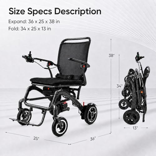 Image of 25 lbs Carbon Fiber Electric Wheelchair with Remote & Rear Controls for Adults, 29-Mile Range with Dual Batteries, Stable Front-Folding Lightweight Power Chair, Airline Approved Travel Chair, Black