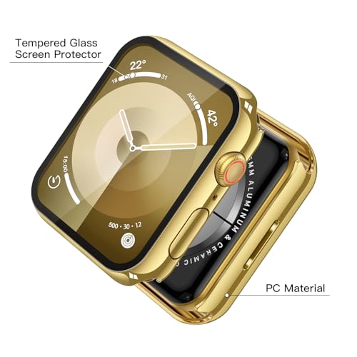 Misxi 強化ガラスケース 2個パック Apple Watch Series 9 Series 8 Series 7 45mm対応 ハードPCスクリーンプロテクター 全体保護 傷防止 カバー iWatch 用 ゴールド 1個 + 透明1枚