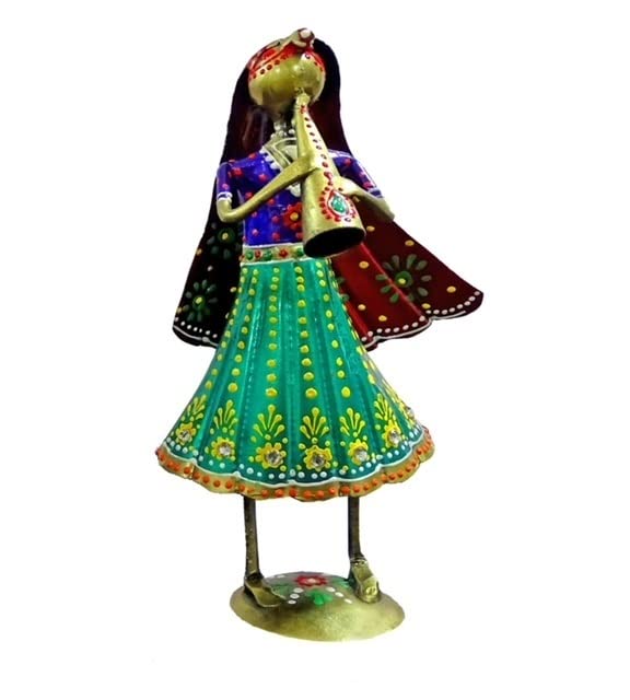 Vandana's Collection Lady Musician with Shehnai Size LWH 8x10x19 Cm Wt 170 GMS 1 Pc Handcrafted Colorful Metal Exotic and Beautifully Crafted by The Craftsman of Rajasthan