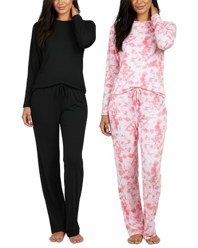Real Essentials 2 Pack: Women's Comfy Pajama Sets - Short & Long Sleeve Ladies Loungewear Sleepwear PJs (Available In Plus)(Set H Black & Pink, X-Large)