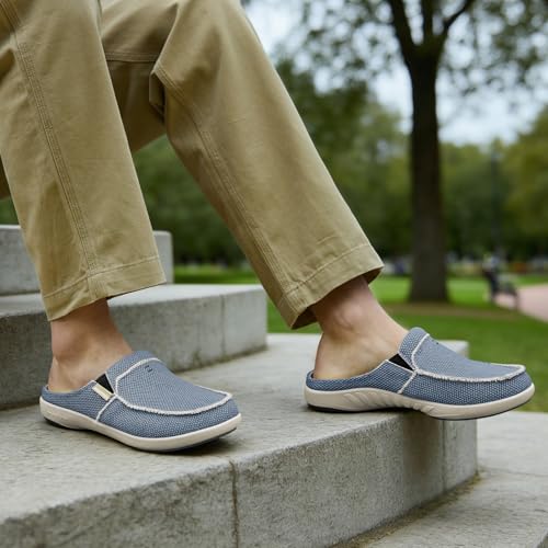 Mens Slippers with Arch Support, Canvas House Slipper for Men with Velvet Lining, Slip On Clog, Indoor Outdoor House Shoes with Anti-Skid Rubber Sole, Beige (Built-in Suede Insoles), 9.5