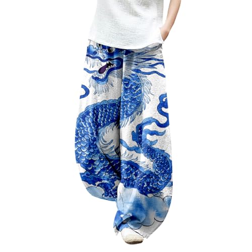 Womens Linen Pants Baggy Wide Leg Pants Dragon Print Flowy Boho Harem Sweatpants Lantern Trousers Elastic Waist
