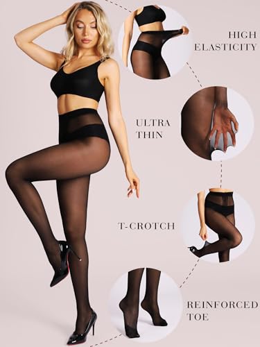 HONENNA Sheer Black Tights for Women 2 Pairs Ultra Thin Reinforced T Crotch Control Top Pantyhose Stockings - Thumbnail 3