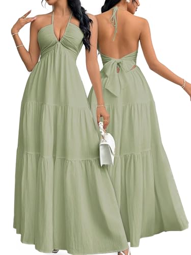 Image of Narecte Women's Maxi Summer Dresses Halter V Neck Beach Dresses for Women A-Line Casual Dress for Vacation