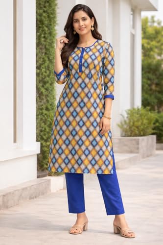 Image of Women's Cotton Blend Unstitched Kurti Set for Women | A-Line Style Dress Material | 2-Piece Traditional Ethnic Wear Suit Fabric