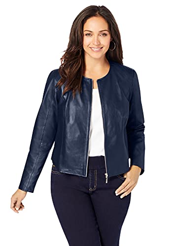 Jessica London Women's Plus Size Collarless Leather Jacket - 20 W, Navy Blue