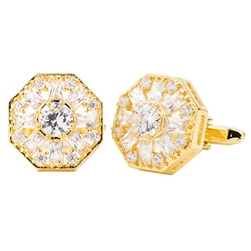 Vittorio Vico Round Solitaire Set in Bar Iced Surround Octagonal Cufflinks for Men - Unique Mens Jewelry - Best Gift for Him, Dad, Uncle, Bestfriend, Groom (Gold Plated, Clear Crystal)