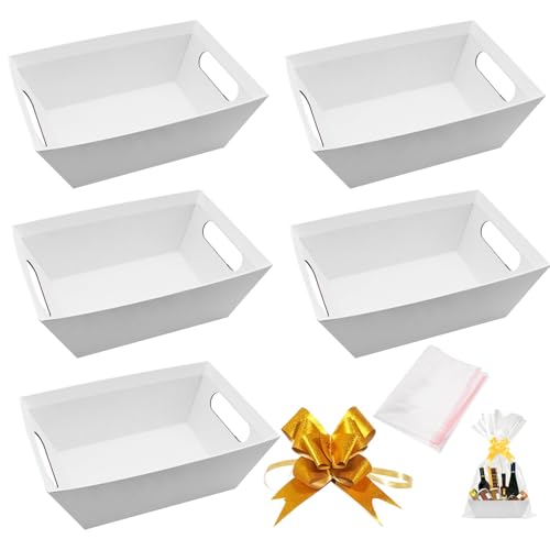 5 Stück Geschenkkorb Leer Präsentkorb Leer Korb für geschenke mit Geschenkpapier & Bänder Präsentkorb Geschenkbox für Halloween Geburtstag Valentinstag Weihnachten Hochzeit Weiß