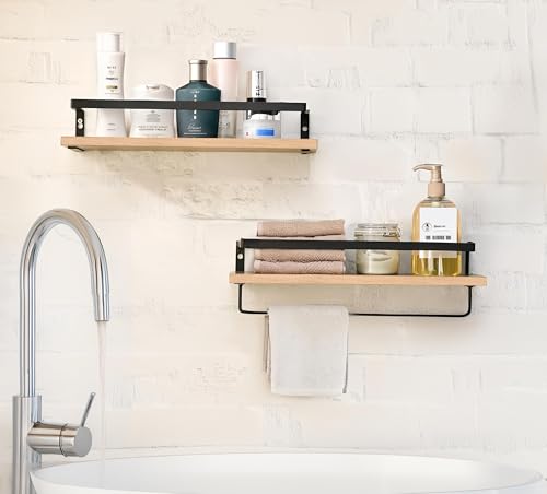 Set de 2 baldas de madera y metal para pared 42cm | Juego de 2 estantes flotantes | Marco de Metal | Tipo industrial moderno | Toallero | Barra toallero | Dormitorio, Cocina, Baño, Sala de Estar - imagen 4