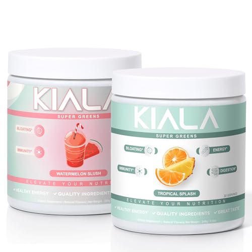 Kiala Nutrition Super Greens, Organic Greens Powder with Spirulina & Chlorella for Digestion, Gut Health, Immunity & Energy, Gluten Free, Vegan, Watermelon Slush + Tropical Splash, 30 Servings Each