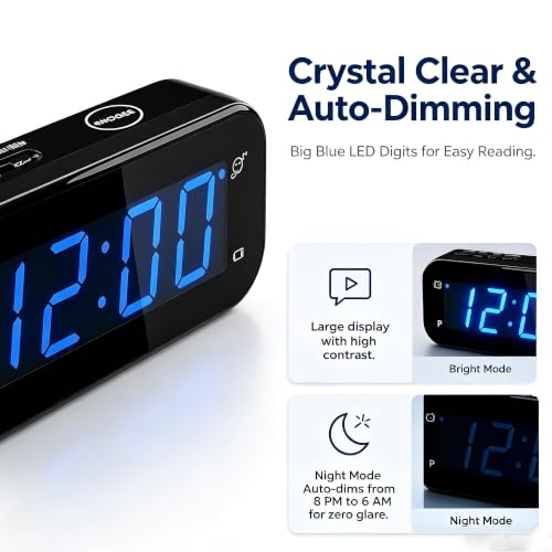 Image of Small Digital Alarm Clock with Temperature Display - Battery Operated,Adjustable Brightness,Snooze,12 /24Hr,Cordless,Night Mode - Ideal Beside Clock for Bedroom Desk Travel (Blue Display)