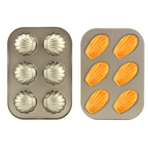 2 Pack Madeleine Mold Cake Pan, Heavy Carbon Steel Madeline Pans, 6 Cup Non-Stick Spherical/Shell Madeline Pan for Baking (Gold)