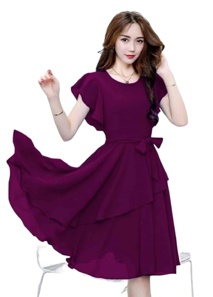 Womens Solid Knee Length Dress Regular Wear Round Neck Short Sleeves Comfortable Western A-Line Dress for Women Georgette Dress-image-8