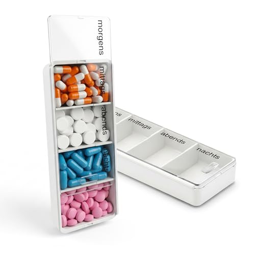 varivendo Tablettenbox Pillendose 4 Fächer – kompakte Medikamentenbox für 1 Tag, morgens mittags abends nachts, sicherer Klickverschluss