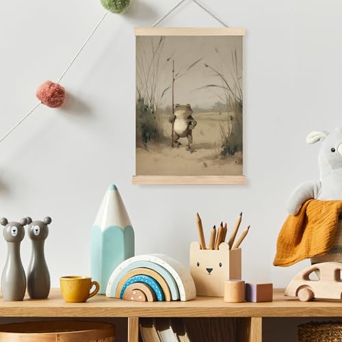 Image of PQKIY Whimsical Vintage Farmhouse Frog Traveler Wall Art Poster Hanger Frame 12x16 in, Moody Nature Weird Animal Wall Decor Canvas Prints for Home Bedroom Living Room