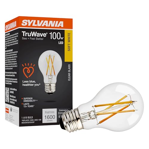 Sylvania LED TruWave Natural Series A19 Light Bulb, 100W Equivalent, Efficient 15W, 1600 Lumens, Medium Base, Dimmable, Clear, 2700K, Soft White - 1 Pack (42303)