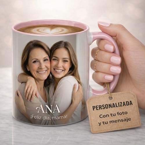 Taza Personalizada Foto Texto Regalo Recuerdo Emocional Original Ceramica 350ml Resistente Microondas Lavavajillas Diseño Unico Amor Familia Amigos Cumpleaños Sorpresa Especial (ROSA)