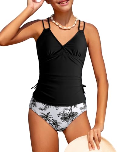 Girls Swimsuit 2 Piece Bikini Set Tropical Print Girls Bathing Suit Adjustable Straps 7-16T