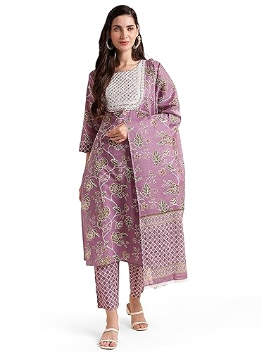 Image of MIRCHI FASHION Pure Cotton Women Straight Print & Thread Embroidery Kurti Set with Dupatta & Pant