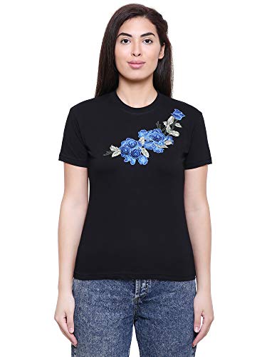Image of Saundarya Women's Embellished T-Shirt Hosiery Fabric Half Sleeve Round Neck Blue and Red Embroidery Black