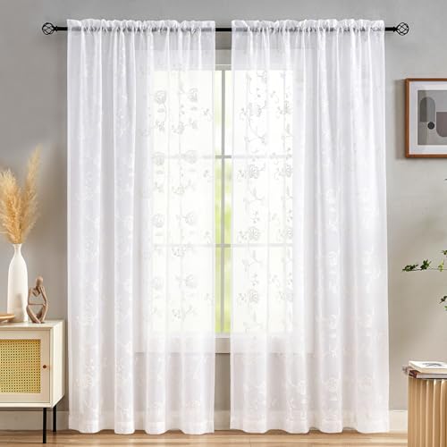 Image of Embroidery Sheer Curtains White 95 Inches, Floral Pattern Window Treatments Rod Pocket Drapes for Living room, Bedroom, Semi Voile Curtain Panels for Yard, Patio, Villa, Parlor, Set of 2, 52 inchx 95 inch.