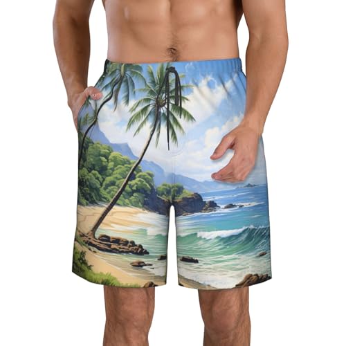 Hawaiian Beach with Palm Trees Print Stylish Beach Shorts Swim Trunks Lightweight Breathable Summer Outdoor Activities