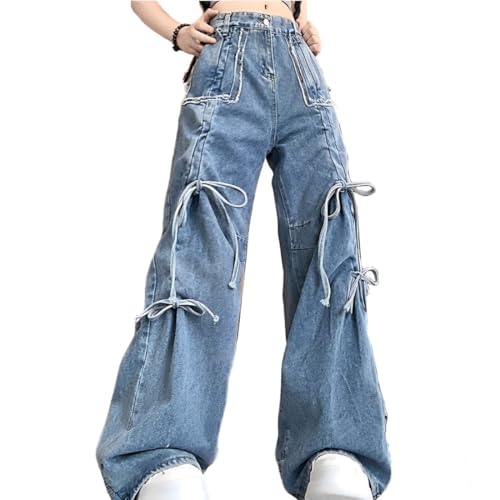 Y2K Gothic Kawaii Casual Style High Waisted Loose Wide Legs Vintage Distressed Jeans Drawstring Denim Pants