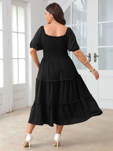 Image of Women's Plus Size Wedding Guest Dress Midi Smocked Square Neck Short Sleeve Tiered Ruffle Casual Dresses