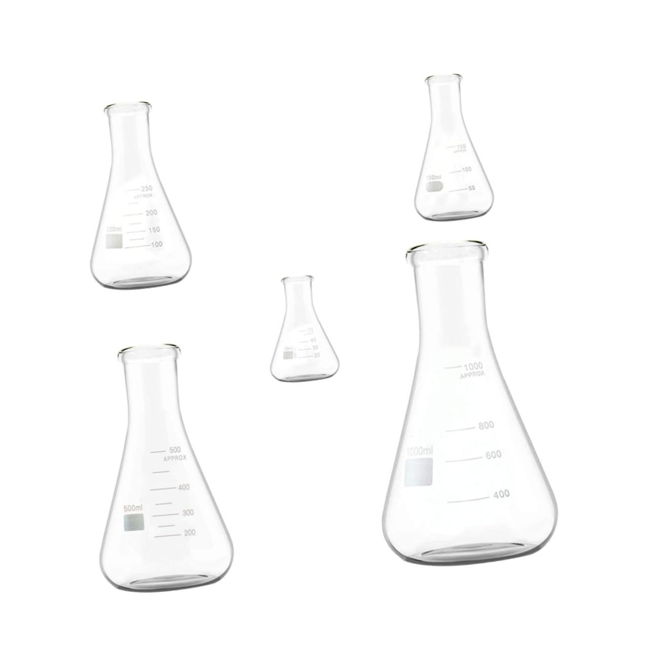 ULTECHNOVO Matraz Erlenmeyer Cónico de Vidrio 5 Piezas, Fondo Plano | Borosilicato Alto, Cuello Ancho y Graduaciones Estándar, Capacidades 50ml a 1000ml, Uso en Investigación