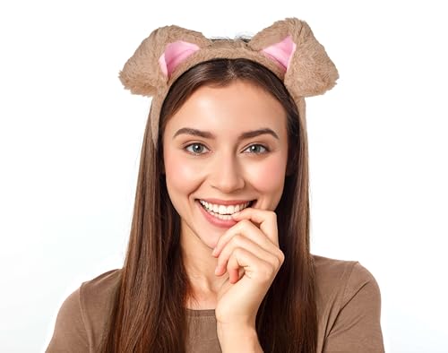 Balinco Hundeohren Kostüm, Hundekostüm Braun, Karneval Kostüm Tier, Faschingskostüm Hund, Hunde Haarband, Hündchen Ohren Haarreif, Rosa Plüschohren