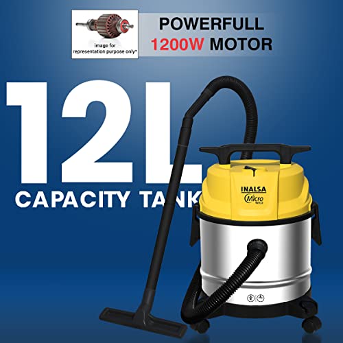 INALSA Wet and Dry Vacuum Cleaner for Home, 12 LTR Capacity,1200 W, 17 kPa Suction, Blower Function, Wet Vacuum Cleaner for Sofa, House Cleaning Machine,Stainless Steel Body (WD 12)