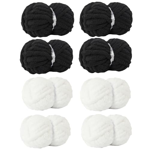Image of Chunky Yarn for Hand Knitting Soft Jumbo Bulky Fluffy Chenille Yarn for Crocheting Blanket Scarf DIY 8 Pack (Black+White, 28yds, 8 Ounces Each)