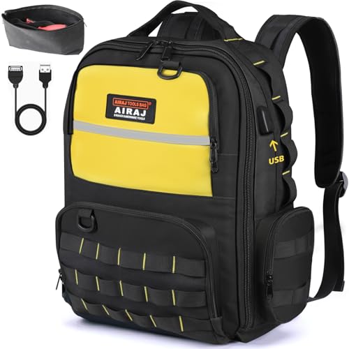 AIRAJ Mochila de Herramientas 46x40x18 cm, Intensivo con 23 Bolsillos, Mochila para Herramientas Diseño de Apertura Total para Electricistas y Construcción (Incluye Doble Bolsa para Piezas)