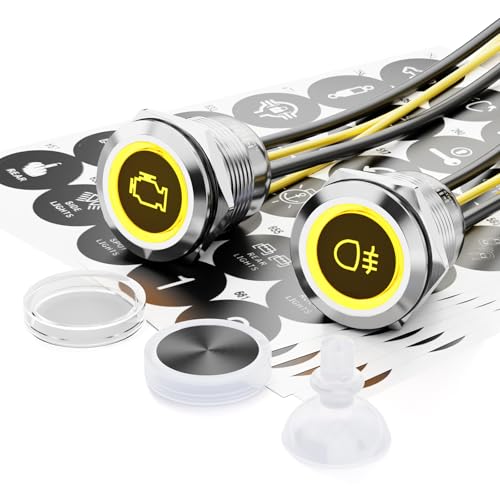Image of 2PCS 19mm LED Momentary Push Button Switch 12V 24V IP67 Yellow | Stainless Steel 20A with 185 Replaceable Symbols Marine Boat, Engine Start, Horn, Momentary Control
