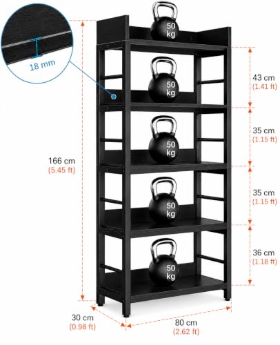 Image of 5-Tier Kitchen Organizer Rack Shelf | Heavy Duty Metal & Wooden| Industrial Bookcase | Kitchen Storage Office & Living Room | Black | 80x30x166 cm