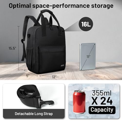 Image of MIER Small 16L Insulated Cooler Backpack with Removable Divider, Lightweight Soft Wine Cooler Bag for Beach Travel Work Picnics Camping, Portable Lunch Backpack for Men Women, Black