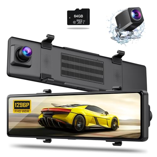 Mirror Dash Cam,12" Rear View Mirror Camera Night Vision 1080P FHD Full Touch Screen Front and Rear View Backup Camera for Cars Loop Recording,Free 64G SD Card…