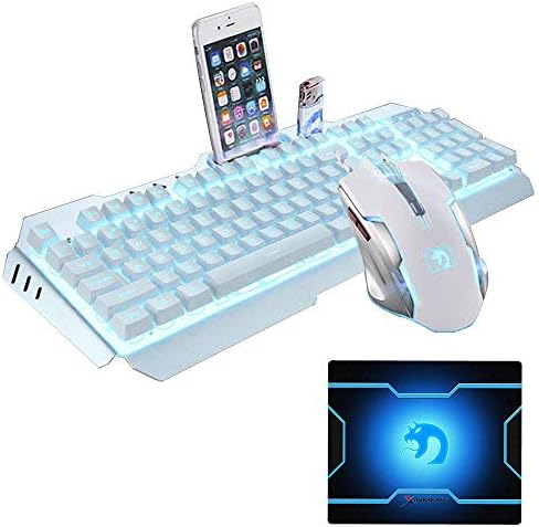 FELICON Gaming Keyboard Mouse Combo 104 Keys Wired Rainbow LED Backlit Metal Panel Waterproof Multimedia Ergonomic USB Keyboard 2400DPI Gamer Mouse Sets Mouse Pad for PC Laptop Computer (T6 White)