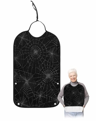 Halloween Adult Bib for Adults Men, Women, Black Horror Spidering Web Fall Holiday Washable & Adjustable Terry Cloth Bib with Crumb Catcher Reusable Waterproof Clothing Clothes Protector Apron