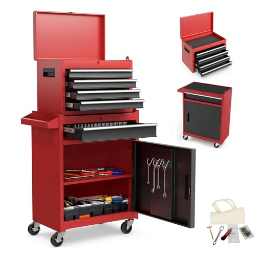 Arltamox Tool Chest, 5-Drawer Rolling Tool Storage Cabinet with Detachable Top Tool Box, Liner, Universal Lockable Wheels, Locking Mechanism, Metal Tool Cart for Garage Workshop(Built in 5-pcs Tools)