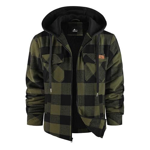 Image of V VALANCH Men's Flannel Shirt Jacket with Hood Fleece Lined Plaid Jacket Zip Up Winter Warm Coat