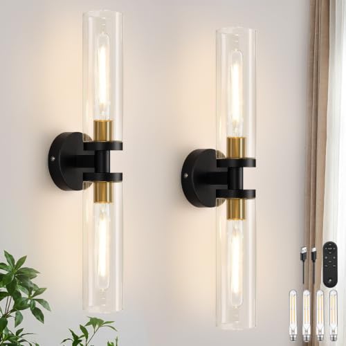 Image of Battery Operated Wall Sconces Set of Two, Black and Gold Wall Light fixtures with Wireless Remote Control,Rechargeable Dimmable Wall Sconces with 3000K Bulbs for Bathroom Mirror Living Room Bedroom