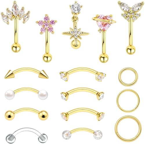 BJFEW Rook Eyebrow Piercing Jewelry Surgical Stainless Steel Vertical Labret Lip Jewelry Gold 16G Curved Barbell Cartilage Helix Conch Tragus Daith Hoop Earrings for Women