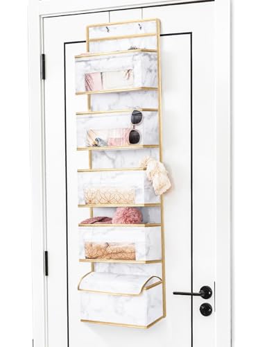 Image of DAMAHOME Over Door Hanging Storage Organizer For Closet 5 Large Clear Window Pocket, 4 Metal Hooks for Baby Nursery Bedroom Pantry Bathroom (Marble)