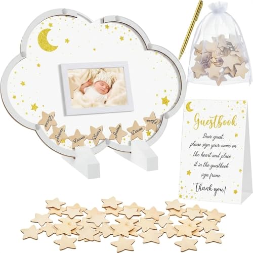 Image of Kosiz Baby Shower Guest Book Alternatives Baby Shower Decorations with Wooden Chips for 60 Guests Sign Picture Frame Pregnancy Keepsake for Soon to Be Moms(Cloud)