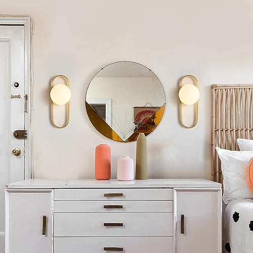 Image of Wall Sconces Set of Two Brushed Gold Wall Lamp Sconces Wall Lighting with White Globe Glass Shade Wall Lights Sconces Wall Decor Set of 2 Wall Lights for Living Room for Bedrooms Set of 2 ETL Listed