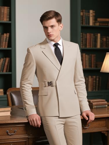 Men's Slim Fit 2 Pieces Suit Solid Formal Business Tuxedos Suit with Metal Wedding Prom Casual Jacket Blazer Pants4
