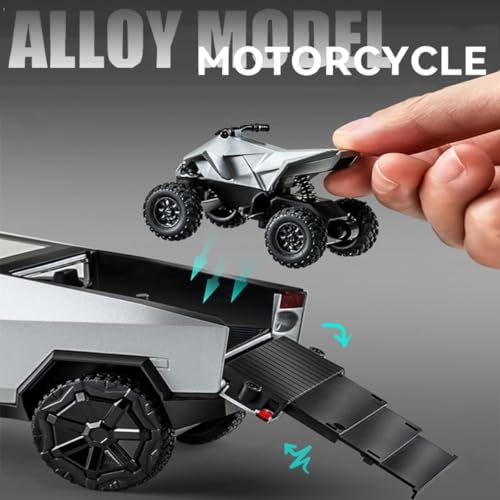 Image of 1:32 Scale Die-Cast Tesla CyberTruck with Pick-Up Trailer with 6 Openable Doors Pull Back Action,Lights & Music Best Vehicle Gift for Kids【Pack of 1】【Random Color】