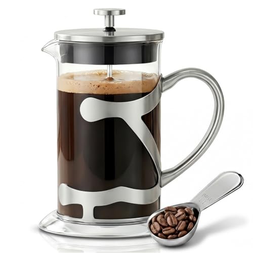 CHDEXU Cafetera de prensa francesa de acero inoxidable de 600 ml, prensa de café de vidrio de borosilicato resistente al calor con cuchara medidora de café, cafetera manual para café y té
