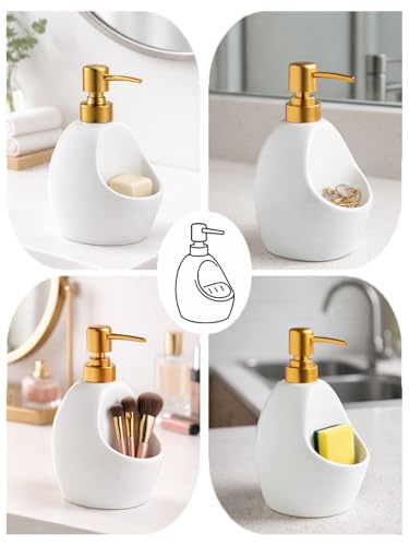 Image of Ceramic Soap Dispenser with Sponge Holder - White Refillable Dish Soap Dispenser for Kitchen Sink, 2-in-1 Sink Organizer with Pump Bottle & Tray - Modern Farmhouse Countertop Accessory